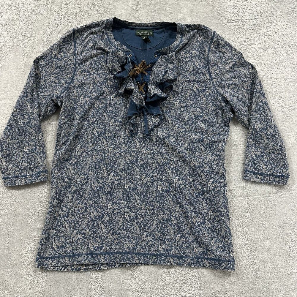 Lauren Ralph Lauren Top Women's Large Blouse Peasant Ruffle Faux Leather Blue